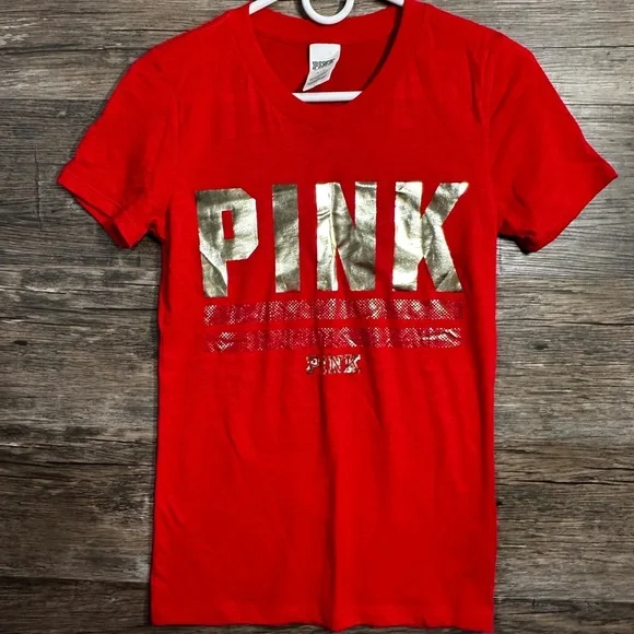 PINK Victoria's Secret Red and Gold Graphic Tee - Picture 2 of 8